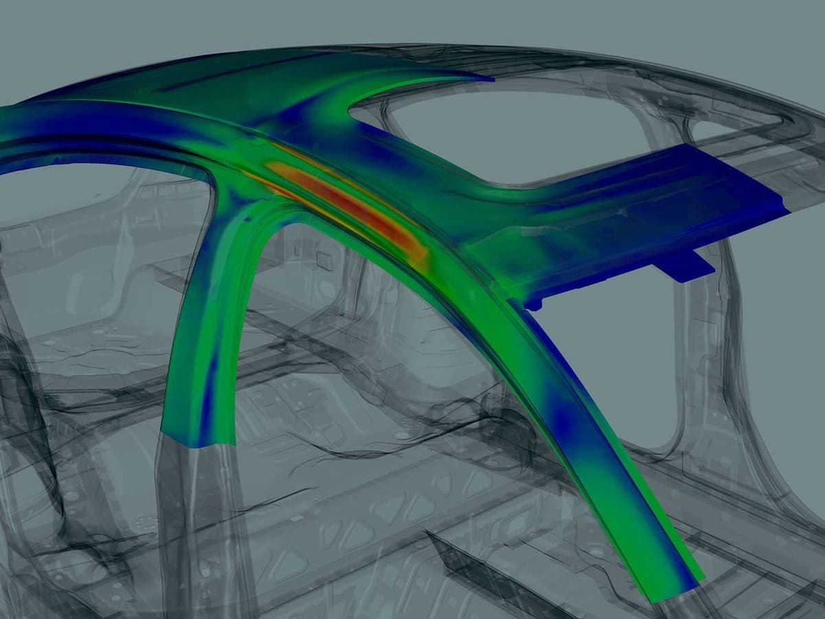 An illustrative structural-analysis color plot over a vehicle body model.